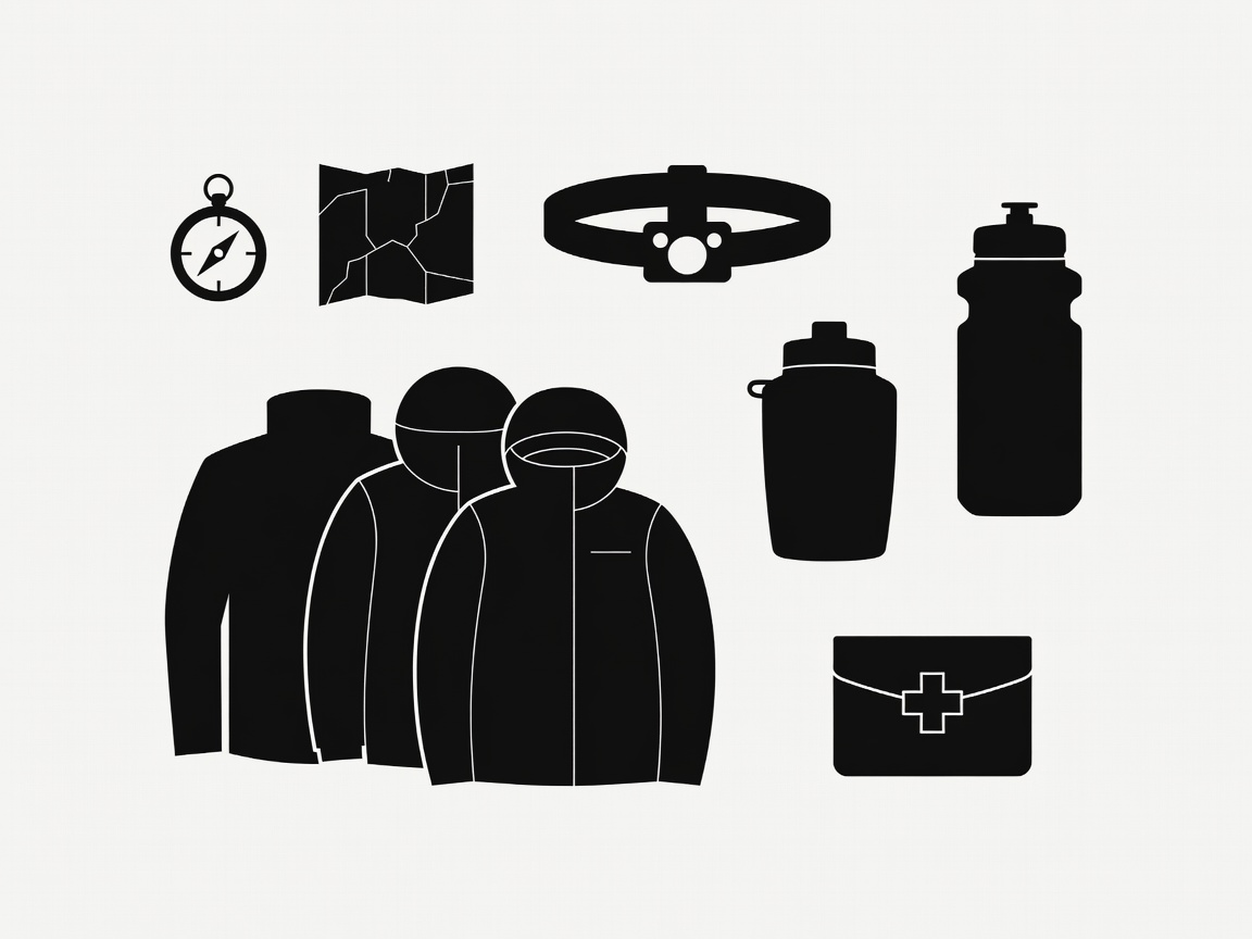 Flat silhouettes of navigation tools, a headlamp, water containers, layers and a first-aid kit