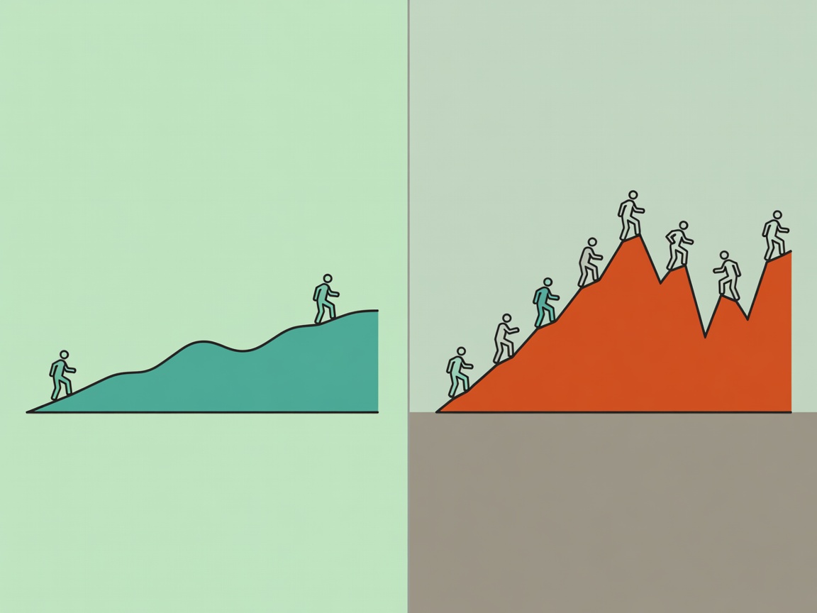 Conceptual elevation strips comparing a gentle walk, a sustained climb and an exposed ridge
