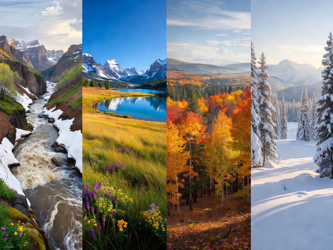 Flat national park landscapes showing snow, spring water, summer heat and autumn foliage