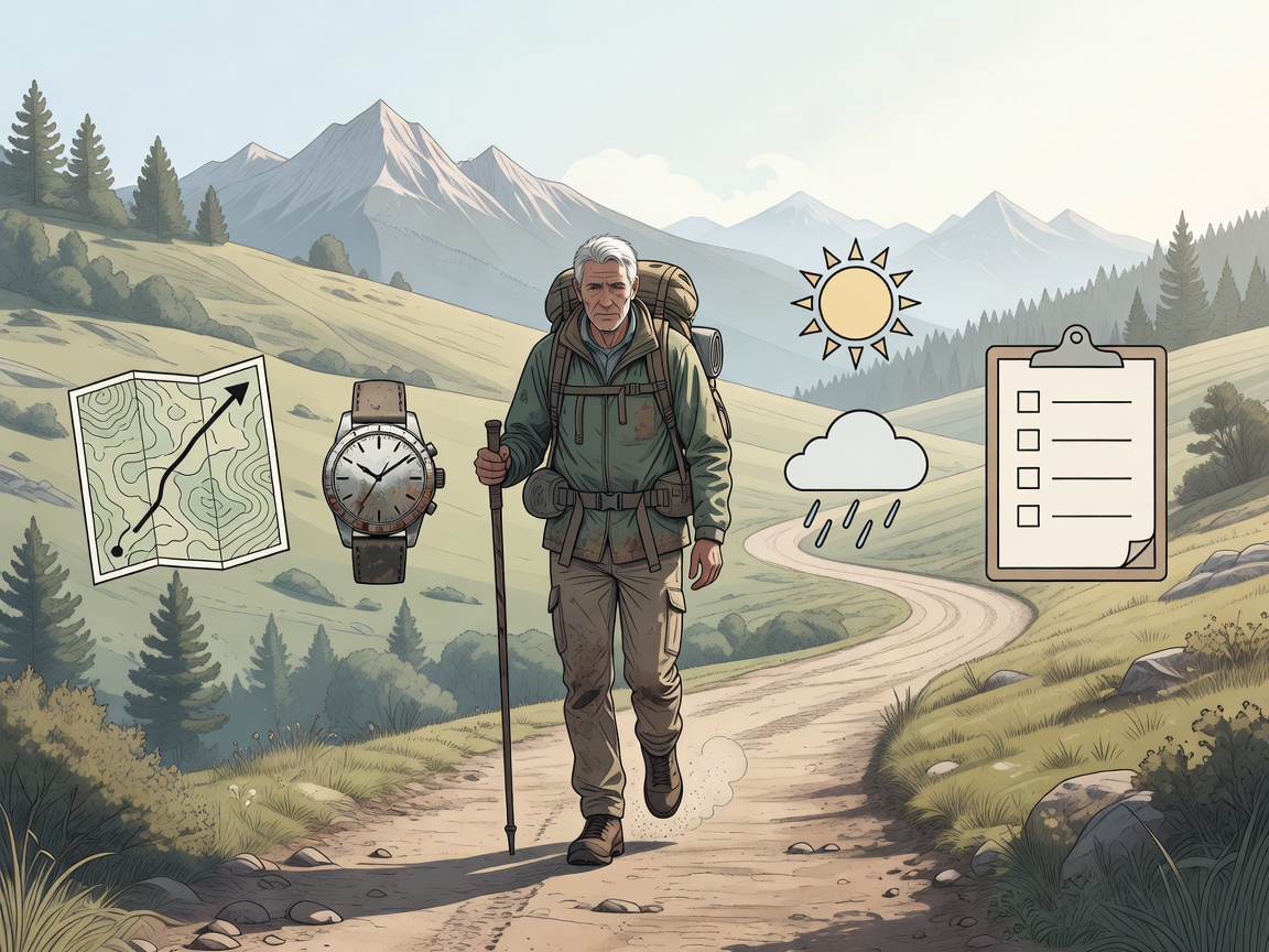 Flat illustration of a hiker returning along a trail beside a clock, weather icons and a written plan